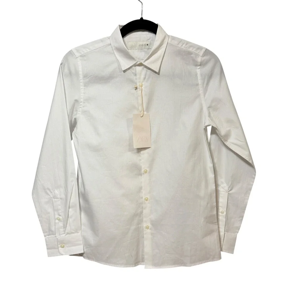 Zara Kids White Herringbone Long Sleeve Button Down Dress Shirt Size 11-12 152cm